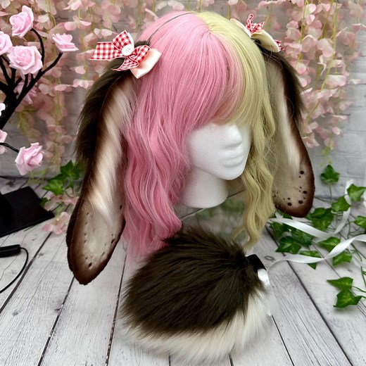 Realistic Cream and Brown Lop Bunny Ears Floppy Chocolate Bunny Rabbit Ears Faux Fur Cosplay Ears With Bows Bunny Costume Ears With Tail - Etsy