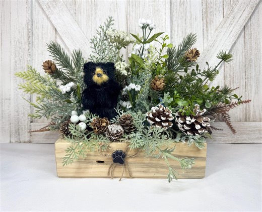 Black Bear Decor, Small Woodland Table Arrangement, Rustic Cabin Centerpiece, Faux Floral - Etsy
