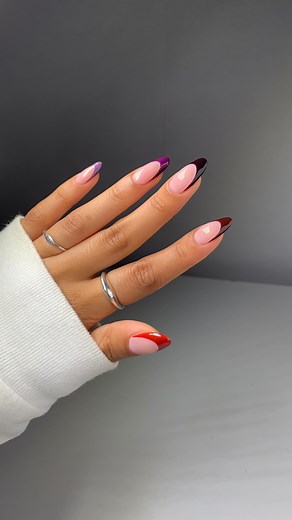 Vampy shades always do it for me 🥀🍇🔮 using @lightslacquer cubana, lady marmalade, scorpio, figgy delight, mozart (link in bio, code ‘glossytipped’ to save)* _____ #fallnails #rednailpolish #almondnails #nailideas #frenchnails | Glossytipped