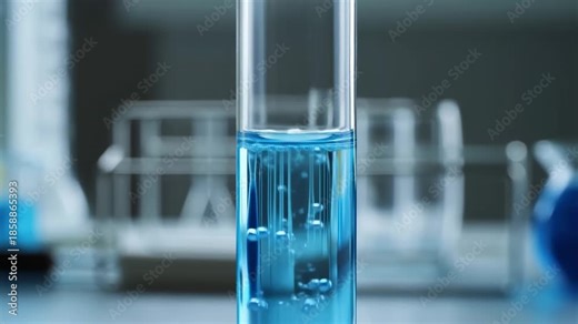 Effervescent reaction in blue liquid within laboratory test tube