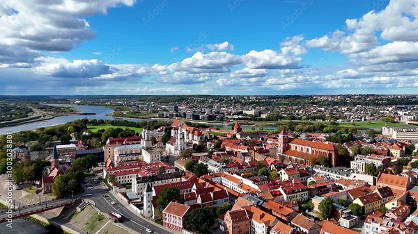 Kaunas old town, Lithuania. Panoramic aerial 4K video footage of Kaunas city center with many historical buildings