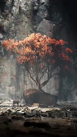 Vibrant Red Maple Tree and Serene Deer in Nature