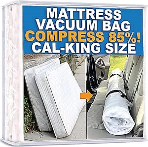 Mattress Vacuum Bag for Moving, Vacuum Seal Mattress Bag for Memory Foam or Inner Spring Mattresses, Compression and Storage for Returns, Leakproof Valve and Double Zip Seal (Cal-King)