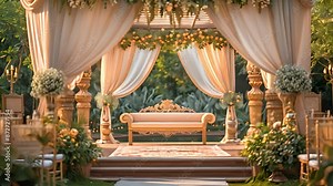 A beautiful wedding mandap, decorated with flowers, drapes, and golden accents, creates a stunning setting for a ceremony. The mandap stands under a canopy of greenery.