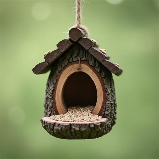 Rustic Wooden Bird Feeder with Tree Bark Design for Small Birds in Gardens and Yards