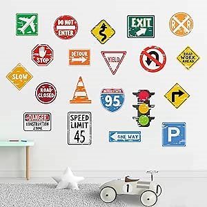 Yovkky Road Sign Wall Decals Traffic Sign Stickers, Stop Street Transportation Signs Home Kids Bedroom Decor, Traffic Signal Nursery Classroom Playroom Decorations Art