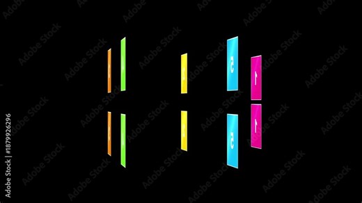 Abstract 3d carousel loop on black background. Colorful 3d motion concept. Festival & virtual interface- Illuminated rectangles are constantly rotating. Five carousel rotating bright color display.