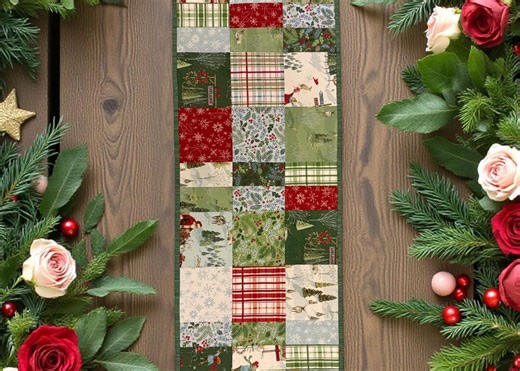 SANTAS TREE FARM Green Quilted Christmas Table Runner Reversible – 48"x14" Patchwork in Green Red Blue Winter Prints Green Backing - Etsy
