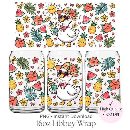 Summer Goose Libbey Glass Can Wrap PNG, Cute Tropical Goose Drink, Coquette Summer Cup Design, 16oz Libbey Wrap, Kawaii Fruity Sublimation - Etsy