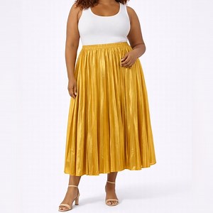 Majestic Metallic Gold Pleated Midi Skirt | Size 18/20
