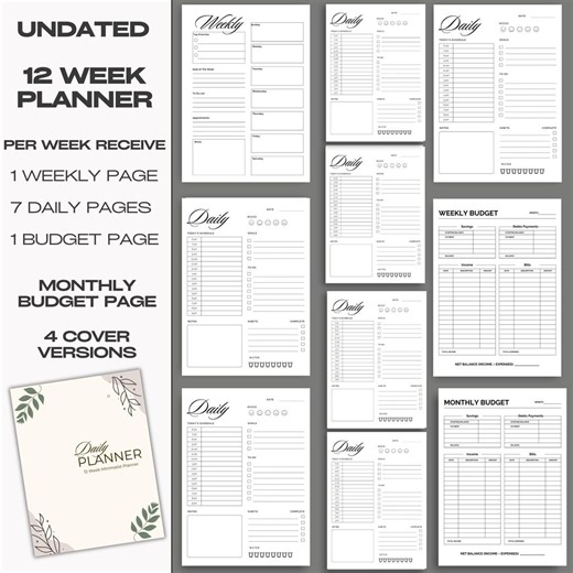12 Week Undated Printable Planner for Women, Daily & Weekly Planning Pages, Minimalist Organizer, Instant Download, US Letter, A4, A5 Sizes - Etsy