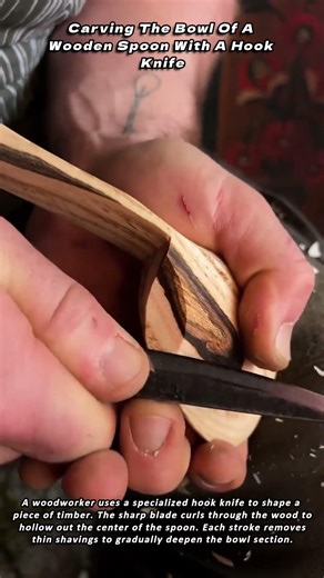 Carving The Bowl Of A Wooden Spoon With A Hook Knife