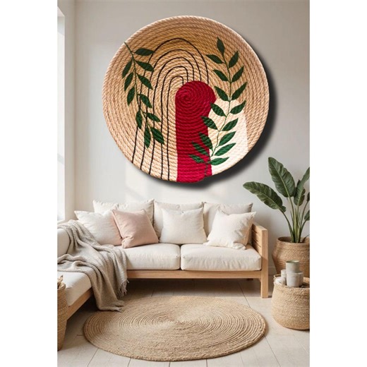 Rustic Wicker Wall Woven Basket Boho Painting Decor: Large Round Plate Green Leaf Design - Etsy