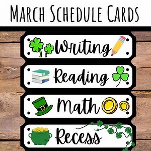 St. Patrick's Day March Daily Schedule Cards Labels for Art Music PE Writing