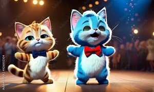 Two cats are dancing on a stage in front of a crowd. The cats are wearing bow ties and are dressed up for a performance. The audience is watching the cats with interest and excitement