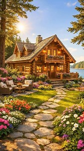 This cabin doesn’t just feel warm, it feels like a summer day that never ends. Would you stay for a season, or forever? Cozy lakeside log cabin with warm wood beams and ceilings, a bright timber kitchen with large island and pendant lights, a rustic living room with a stone fireplace and lake-view windows, a serene bedroom with wood accents and garden views, and an exterior log cabin surrounded by colorful flower gardens near the water. #cozyvibes #cabinlife #love #nature #reels | Natural log ca