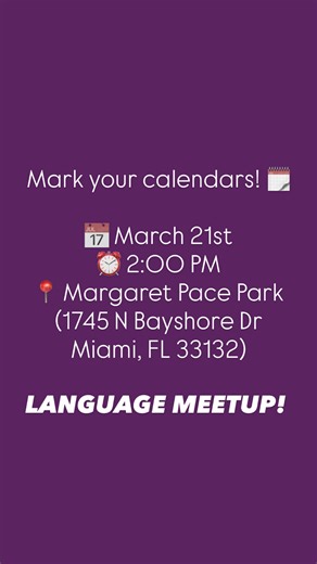 Hey Miami! 🌎 We’re hosting another FREE language meetup so you can practice, meet new people, and mix languages in a relaxed setting. No class, no pressure🙂‍↔️just good vibes and conversation. I’ll bring a few fun prompts to get everyone talking, but the main goal is simple: connect and practice your target language. 📅 March 21 ⏰ 2:00 PM 📍 Margaret Pace Park Bring a snack to share and your best language skills (or your best attempt 😉). #miamithingstodo #meetup #languages #spanishinmiami