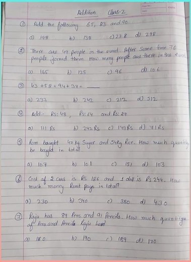 Math worksheet for class 2 exam practice and olympiad level 1, level 2 practice topic addition