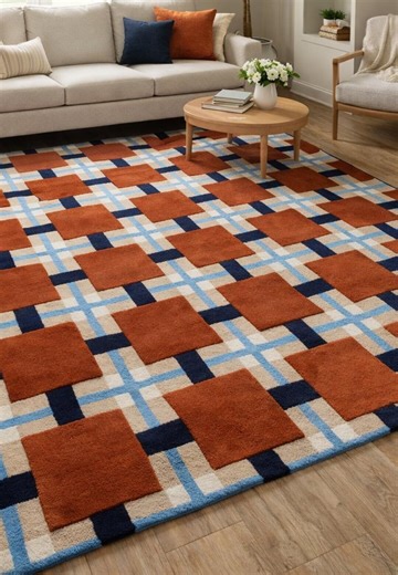 Handmade Geometric Area Rug, Modern Grid Pattern Wool Carpet, Brown Blue Contemporary Rug, Living Room Bedroom Decor, Handwoven Rug - Etsy