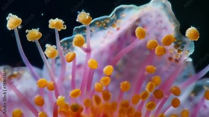 A magnified view of a flowers with pollen grains tered a the pistils and stamens. . AI generation.