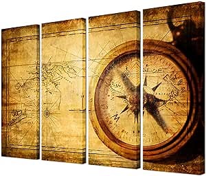Nautical Wall Art Navigation Painting Overall Size 32x48 Inch Vintage World Map Canvas Prints Home Decor Antique Brass Sailing Compass Picture Framed Adventure Ocean Map Poster Retro