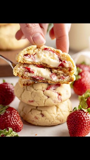 5.5K views · 19 reactions | These Strawberry Cream Cheese Cookies are like a sweet hug from my childhood, where every bite explodes with juicy strawberries and creamy goodness. Trust me, you won't be able to stop at just one! Recipe’s waiting for you in the comment  | Recipes & Cooking Guide | Facebook