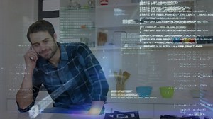 Animation of binary coding and data processing over businessman using smartphone in office | Premium Stock Video Footage