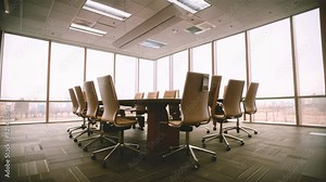 Spacious conference room with a sizable table surrounded by ergonomic chairs for meetings and discussions, A conference room with a large table and ergonomic chairs