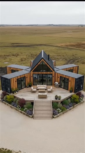 Container House Adequate on Instagram: "The Sunspan Cross Residence: A Contemporary Container Homestead 🌄 This modern container residence combines a striking pitched-roof central hall with container wings radiating outward, forming a balanced cross-shaped plan. The design prioritizes spatial efficiency and visual clarity, using the tall central volume as the social heart while extending container modules to house private and utility zones—achieving strong presence with minimal land impact. ⸻ Pr