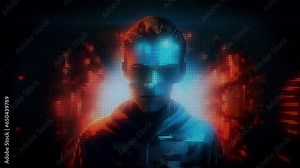 In the darkest corners of the internet, an infohacker navigates through an intricate maze of firewalls, their face hidden behind a glitched cybernetic mask that distorts their true identity.