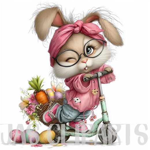 11 Quirky Easter Bunny Clipart: Whimsical Rabbit Bundle Easter Graphics Bunny Scooter Rider (digital Download) #4 - Etsy