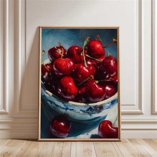 Printable Farmhouse Kitchen Decor - Classic Moody Still Life, Cherries in Ceramic Bowl, Rustic Cottagecore Dining Art, Digital Art Download - Etsy
