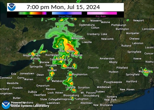 Strong to severe thunderstorms in western and central New York will track east through this evening. The storms are expected to remain strong to severe and any thunderstorms could contain damaging winds and hail. The storms will tend to weaken as they approach the Hudson Valley and western New England toward and after midnight. Seek safe shelter if you are outside and hear thunder. Please report severe weather once the storms have passed. The attached forecast model shows what the radar may look