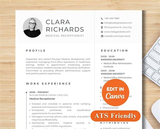 Medical Receptionist Resume Template Canva With Cover Letter 1 Page CV   2 Page Resume Job Application Minimalist Professional Healthcare - Etsy