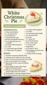 Tastes like Christmas morning and snowflakes on your lashes—only sweeter. This dreamy White Christmas Pie is every bit as magical as it sounds. 1️⃣ Make a flaky crust: pulse flour, sugar, salt, shortening, & frozen butter. Add cold water until dough forms. Chill, roll out, shape in pie plate, and bake at 375°F with pie weights for 20 min, then 15 more without. Cool completely. 2️⃣ Cook filling: whisk sugar, flour, salt, and milk ‘til thick & bubbly. Stir in bloomed gelatin and extracts. Let it c