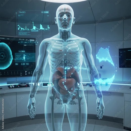 Biometric scan of the human body with digital data and infographic overlays, representing advanced identification technology and medical diagnostics. Ideal for healthcare presentations, medical techno