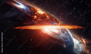 A fiery apocalypse in space destroys cosmic objects, with planets shattering like glass