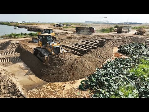 New Project Sand Filling Up Power Bulldozer Pushing Clearing Sand Dump Truck Unloading Sand