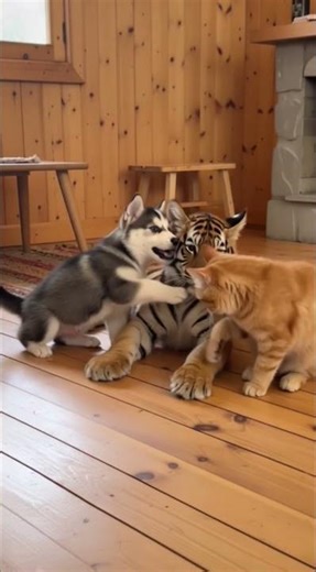 Nap Time Together 🐶🐯小老虎與他的朋友們 #子トラ #ハスキー#お昼寝タイム#かわいいどうぶつ#tigercub #husky #cute #cat