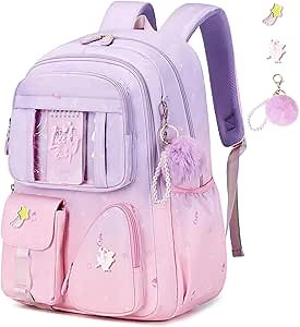 Kids Girls School Backpacks Ages for 6-12, Elementary Middle Bookbag School bag with extra-thick spine-protecting back panel - Purple Pink Gradient