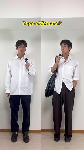 How to Style an Oversized Shirt Without Looking Overwhelmed?? 1️⃣ Avoid creating too much bulk on top by pairing with slim pants. 2️⃣ Balance the look by adding volume to the bottom with wide pants and thick-soled loafers. 3️⃣ Roll up the sleeves and leave a few buttons undone to tone down the oversized feel. 4️⃣ Unbutton the bottom of the shirt to elongate your legs and create a sleek vertical line. 5️⃣ Coordinate your pants and shoes for a smooth, streamlined effect. 6️⃣ Eleva the outfit with