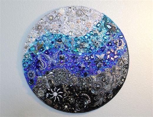 Blue Wave Rhinestone Repurposed Jewelry Collage Wall Art, Brooch Assemblage, Handmade in the USA - Etsy