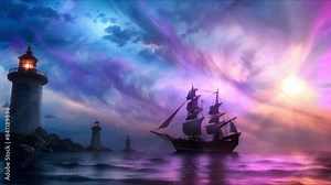 Vivid 3D digital art of medieval fantasy ship sailing past coastal lighthouses. Concept Fantasy Art, 3D Rendering, Medieval Ship, Coastal Lighthouses, Vivid Colors