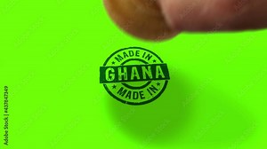 Made in Ghana stamp and hand stamping impact isolated animation. Factory, manufacturing and production country 3D rendered concept. Alpha matte channel.