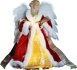 Angel Tree Topper with Lights 12-Inch with Moving Wings Electrically Driven, Lighted Christmas Tree Topper, Battery Operated Angel Treetopper for Christmas Tree Decoration (Red)