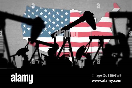 Pan starting rigs nodding, central ladder pumpjack leading, flag map rising or fading, showing oil. Silhouettes, pumping, industrial, energy, parallax, stars, stripes Stock Video Footage - Alamy