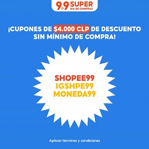 ¡Por fin llegó el #Shopee99! 🎉 Preparamos un emocionante regalo con lo que más les gusta: ¡cupones de descuento! 🤑💸 📌 No olvides aplicar el código de descuento en la página de pago. 📲 Ingresa a la app y aprovecha ahora mismo: https://shopee.cl/m/dia-ofertas-especiales-9-9. *Aplican términos y condiciones: 1. Cupones válidos hasta 9.10.2023 2. Hay un límite de cantidad de cupones. Se canjean por orden de llegada. 3. Limitado a una compra por persona. #ShopeeCL #cupones #cuponesdedescuento | 