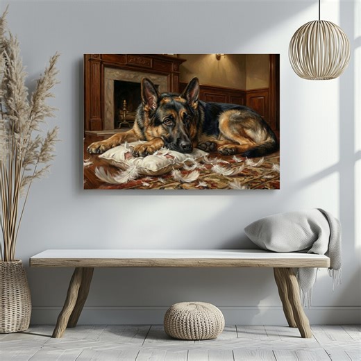 German Shepherd Feather Mess Canvas Wall Art Realistic Oil Painting Large Living Room Decor - Etsy