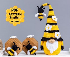 Crochet Patterns Gnome With Bee, Crochet Bee Pattern, Gnome Amigurumi Pattern, Crochet Gnome Pattern With Crochet Flowers - Etsy
