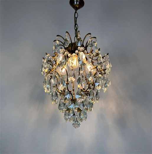 Antique / Vintage Brass Crystal Chandeliers Light Fixtures: French Cage Style 1970's •DUTY FREE [USA] - Etsy